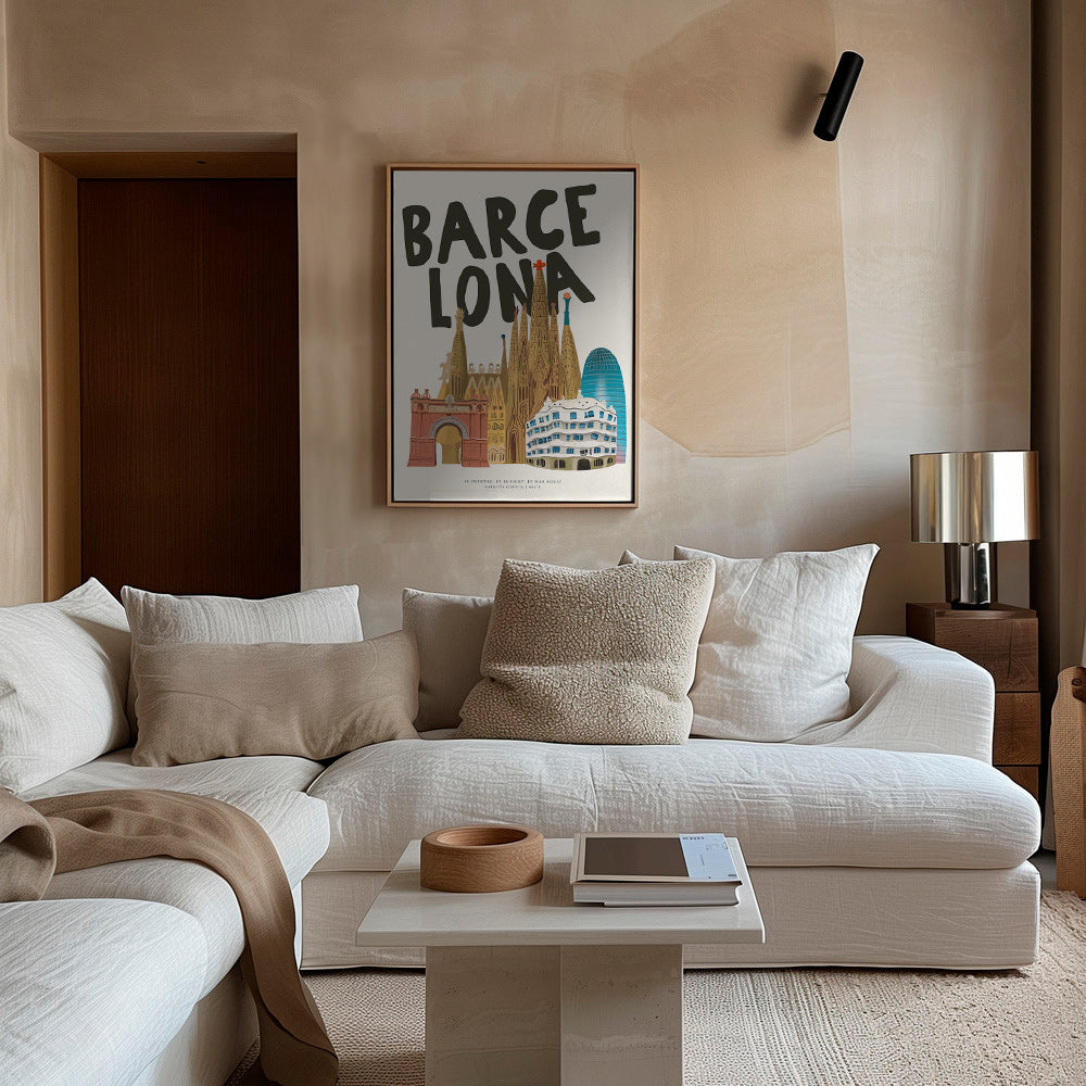 Stadtbild Barcelona illustriert mit Typografie