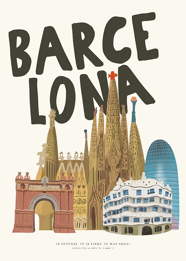 Stadtbild Barcelona illustriert mit Typografie