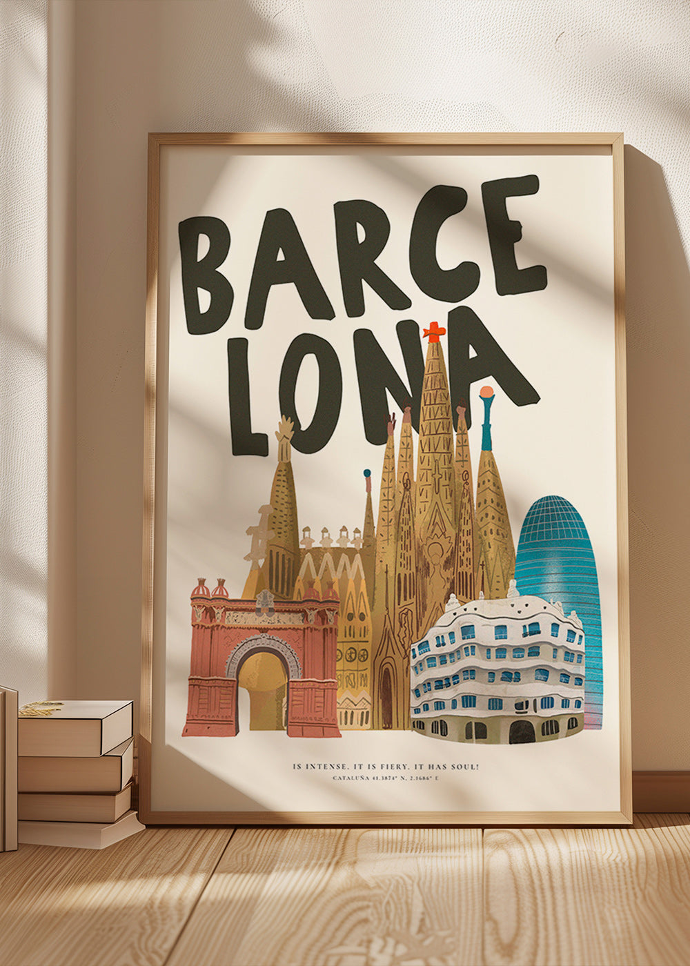 Stadtbild Barcelona illustriert mit Typografie
