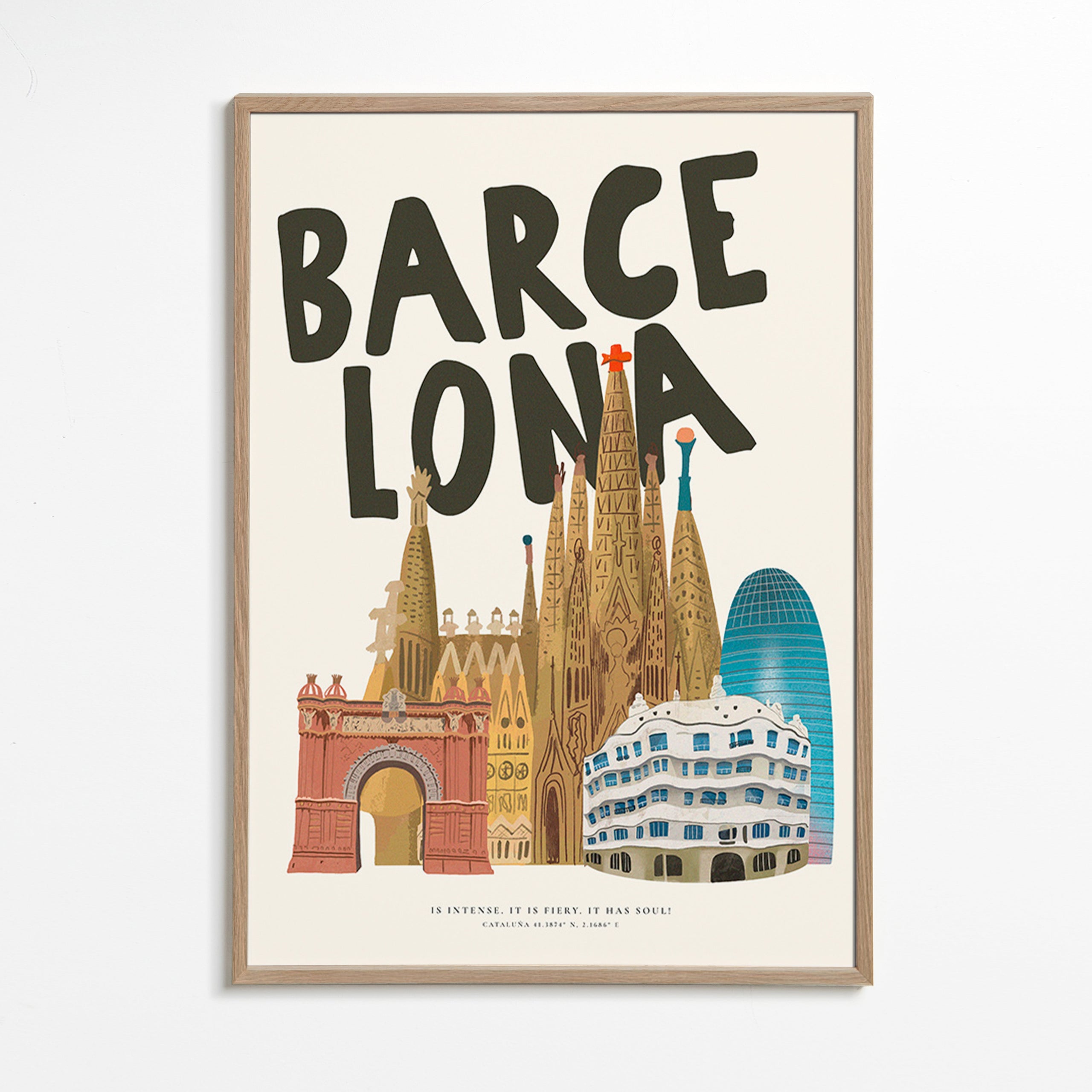 Stadtbild Barcelona illustriert mit Typografie
