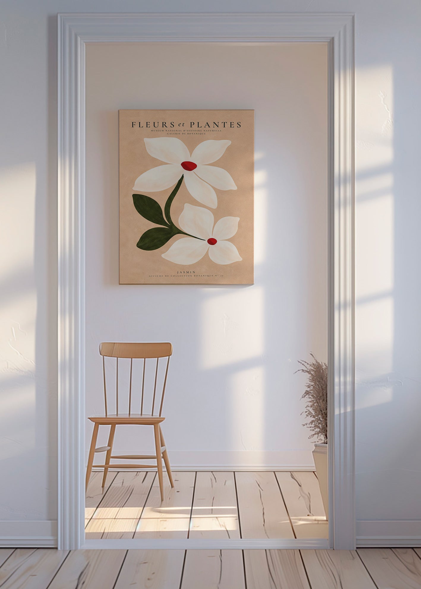 Botanischer Druck Jasmin vor beigem Hintergrund