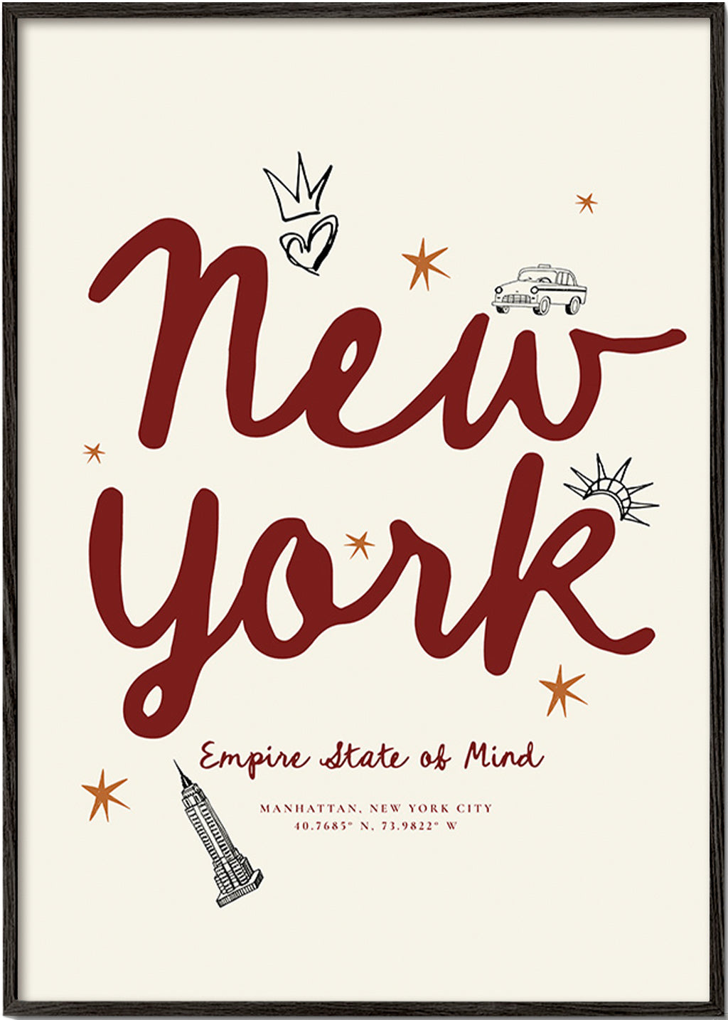 Reiseposter New York mit bordeauxfarbener Schrift