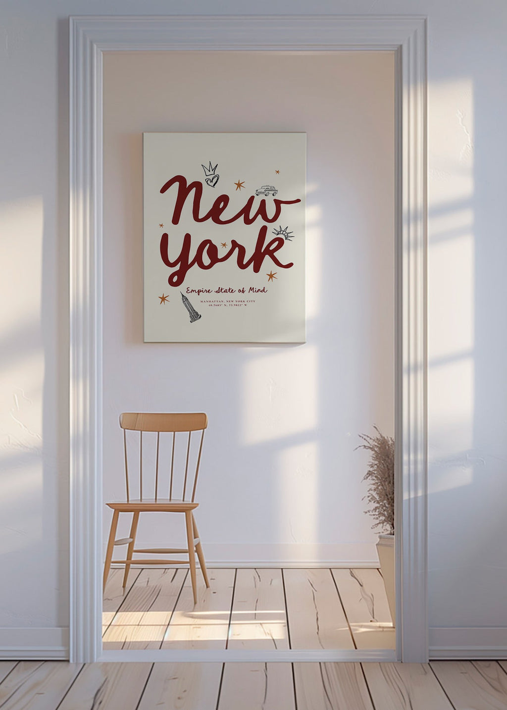 Reiseposter New York mit bordeauxfarbener Schrift