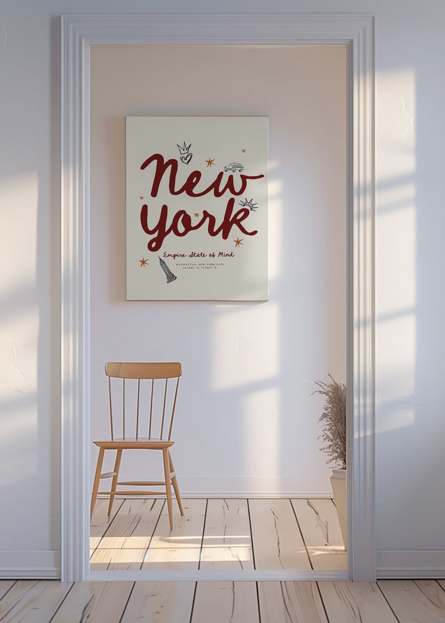 Reiseposter New York mit bordeauxfarbener Schrift