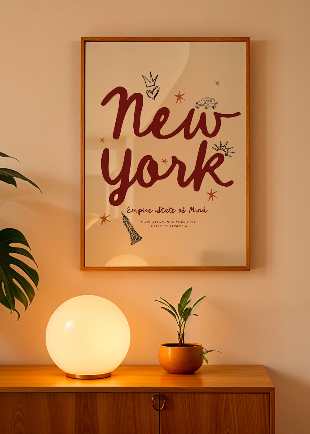Reiseposter New York mit bordeauxfarbener Schrift