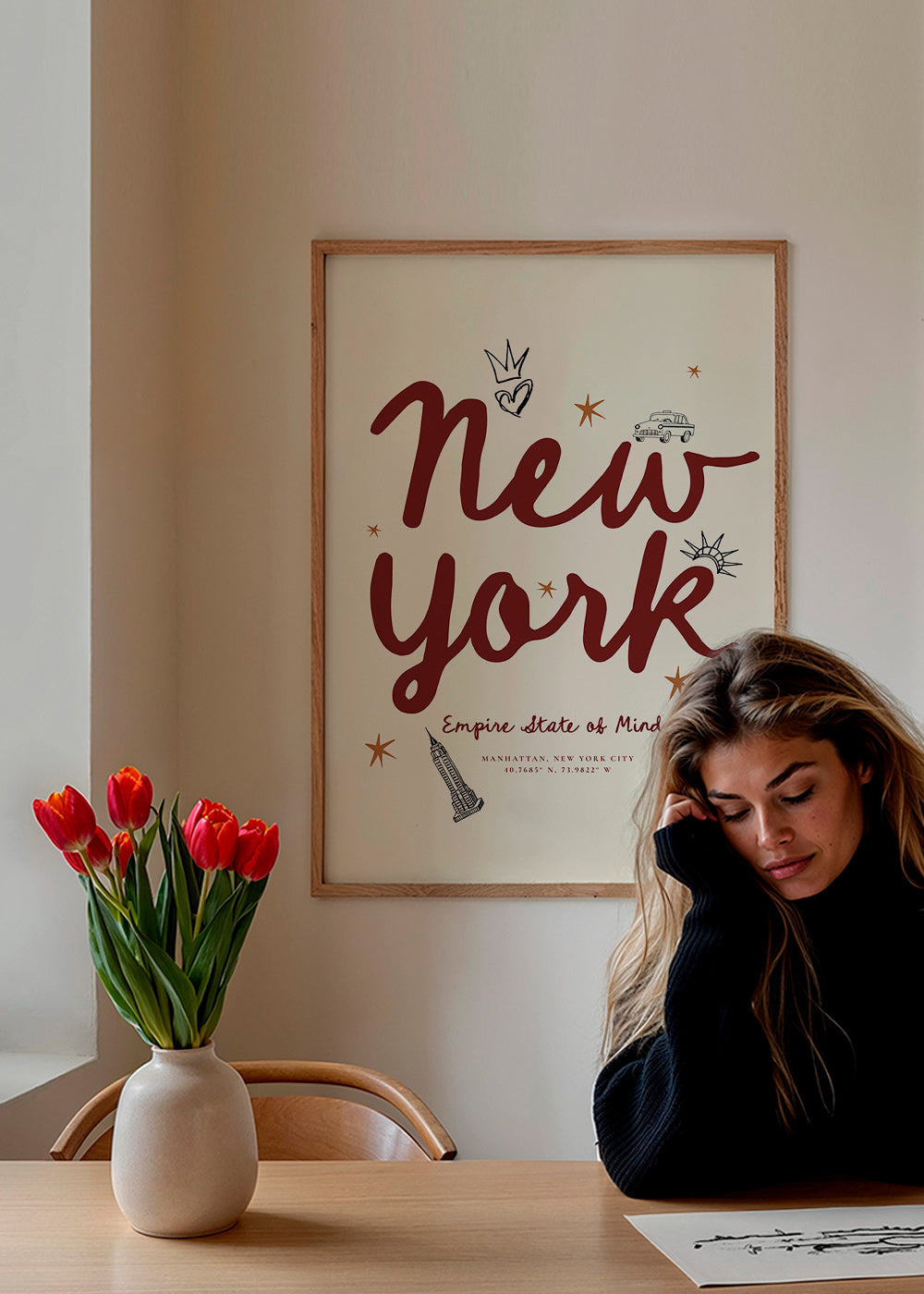 Reiseposter New York mit bordeauxfarbener Schrift