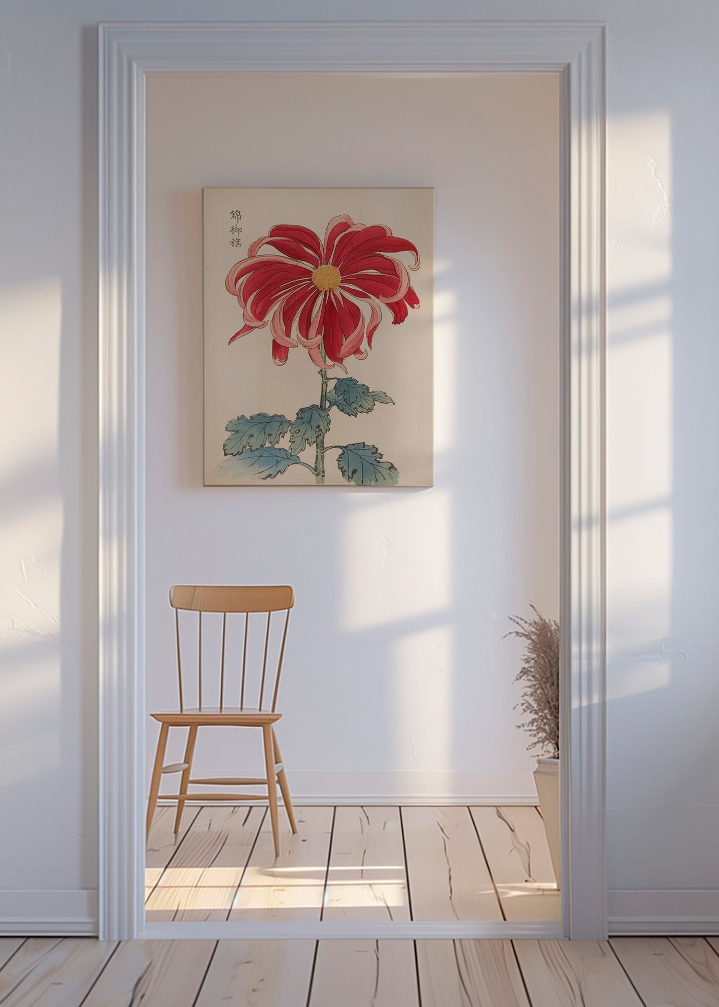 Botanischer Druck Japanische Chrysantheme Rot