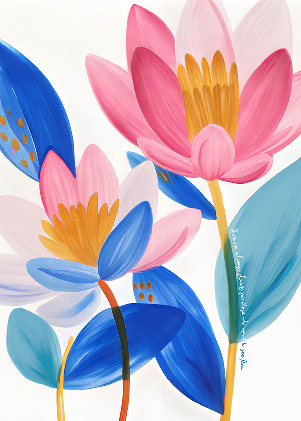 Botanischer Druck mit rosa und blauen Blüten