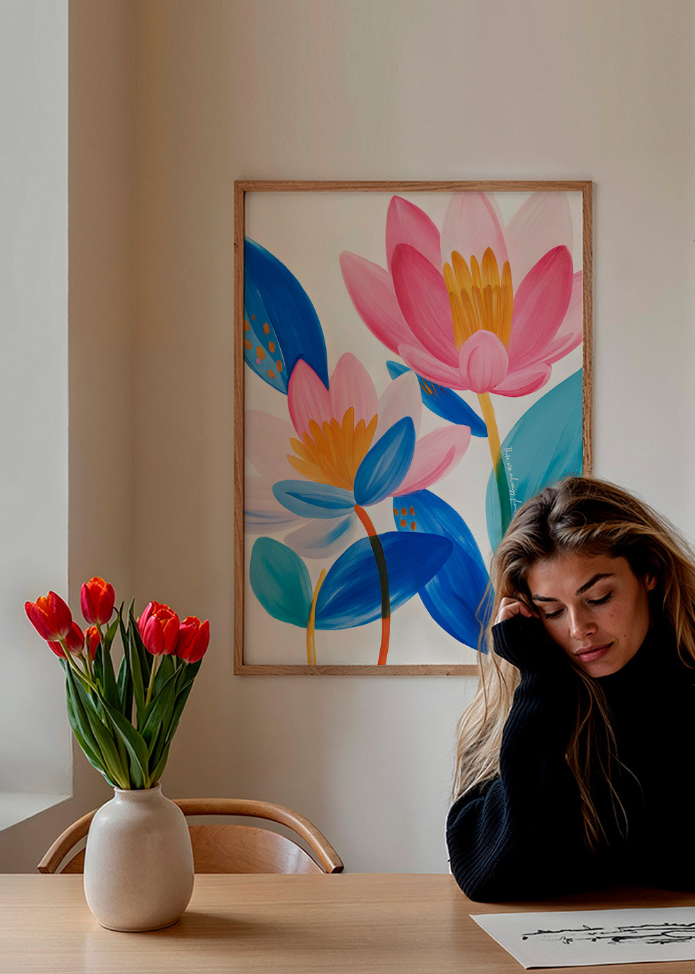 Botanischer Druck mit rosa und blauen Blüten