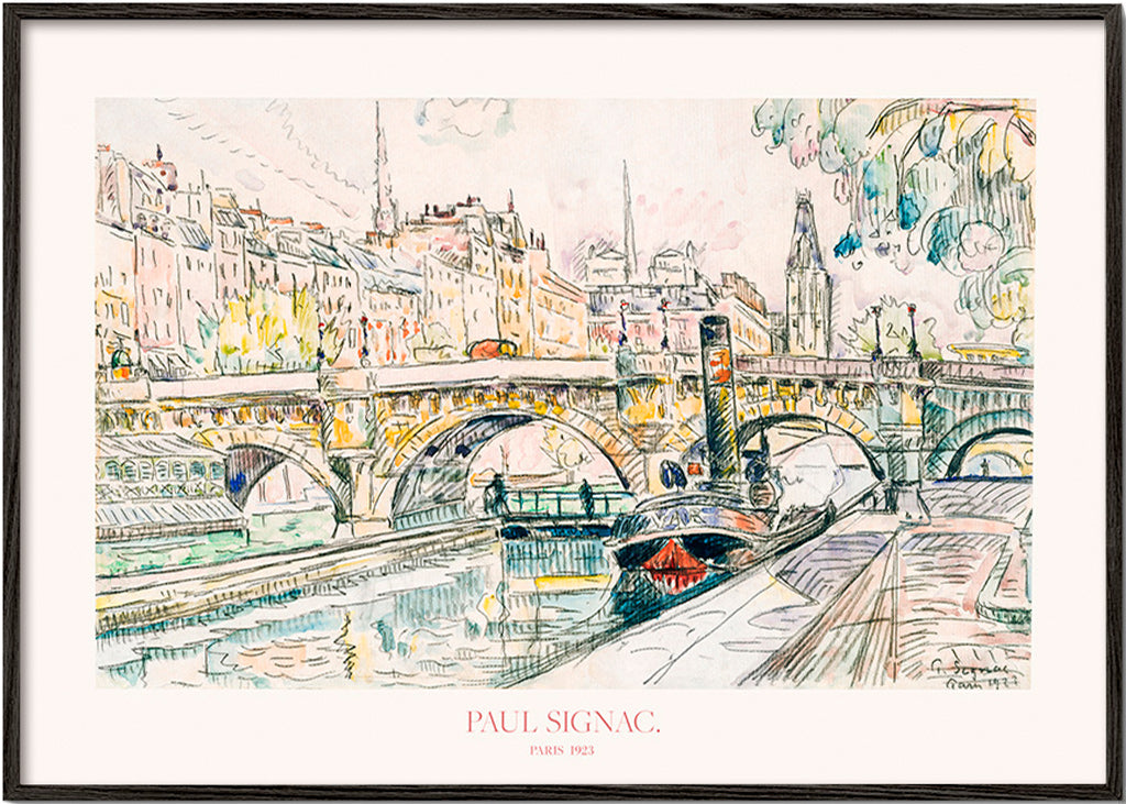 Cuadro de ciudades: Pont Neuf con remolcador en tinta y acuarela – Black Frame