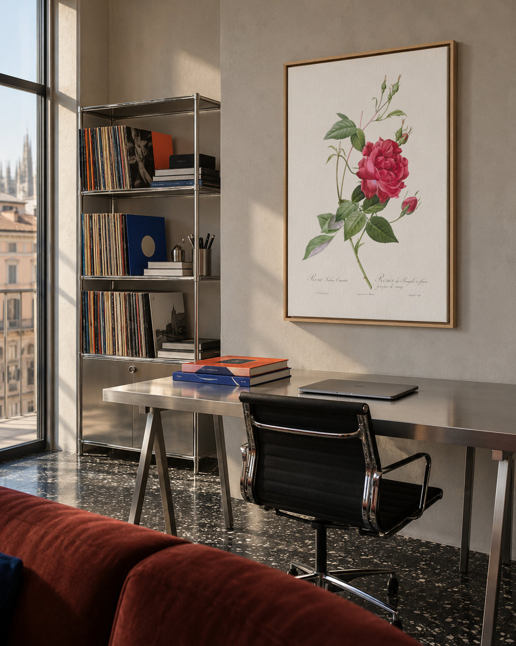 Blood Red Bengal Rose - Framed canvas in an interior