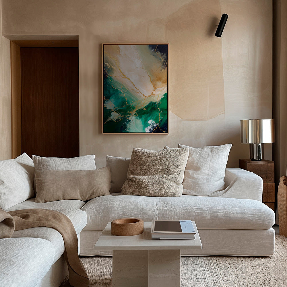 Cuadro abstracto en verde y dorado con vetas minerales – Canvas1