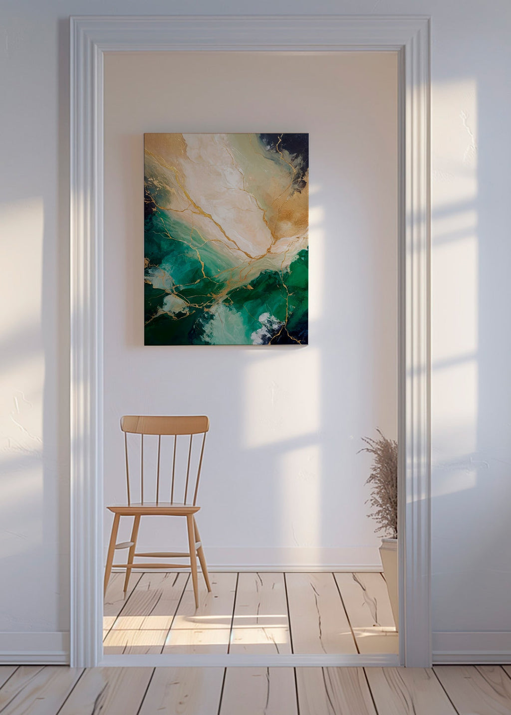 Cuadro abstracto en verde y dorado con vetas minerales – Canvas