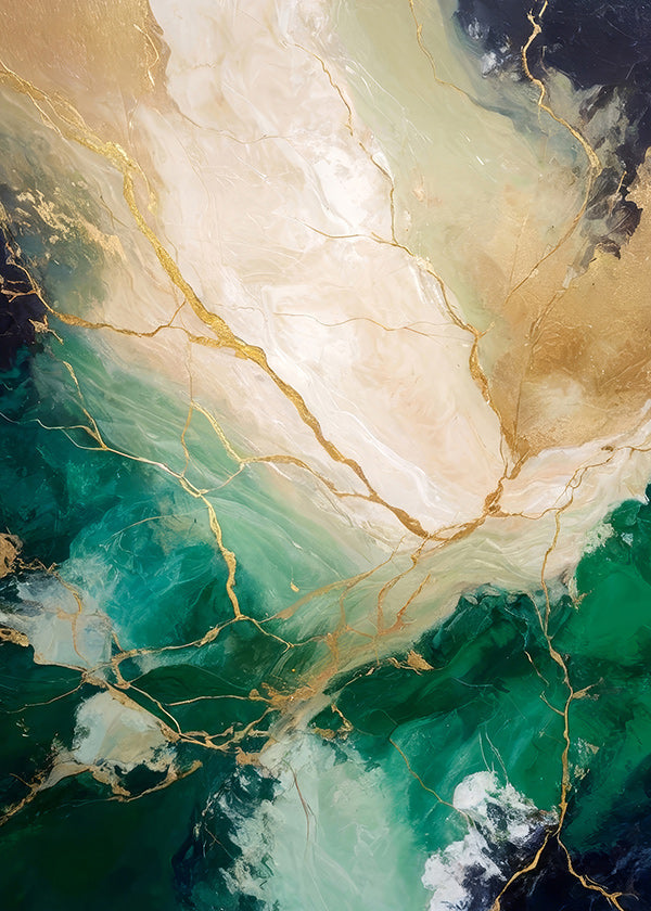 Cuadro abstracto en verde y dorado con vetas minerales