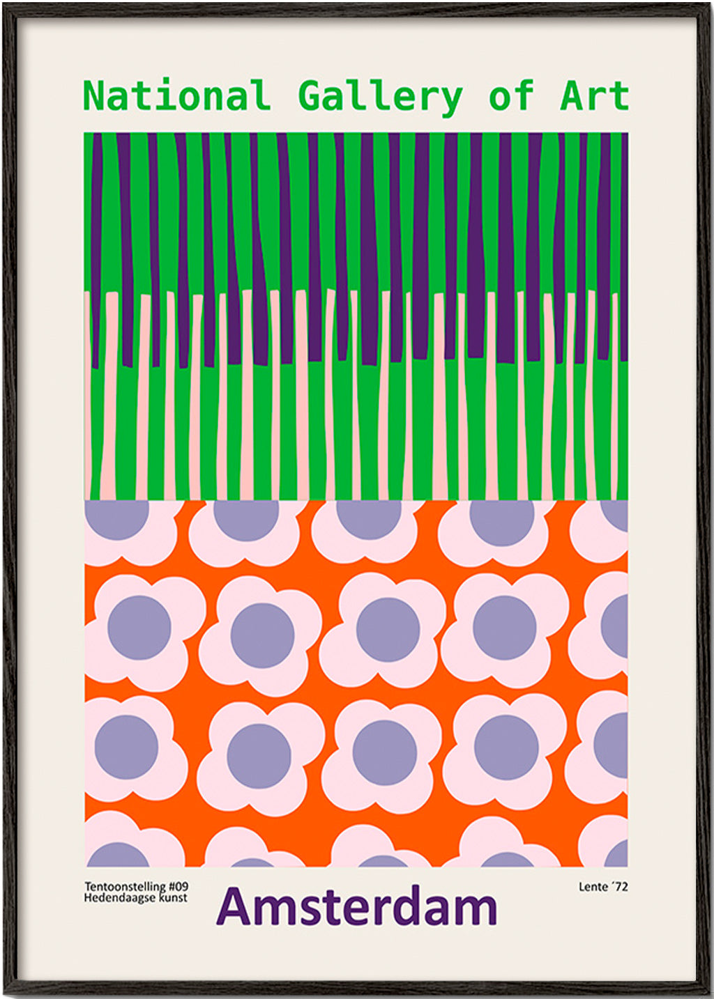 Cuadro de ciudades Amsterdam con patrón floral gráfico – Black Frame