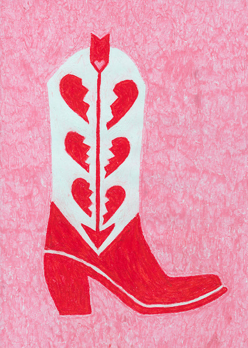 Ilustración de botín vaquero rojo con corazones rotos