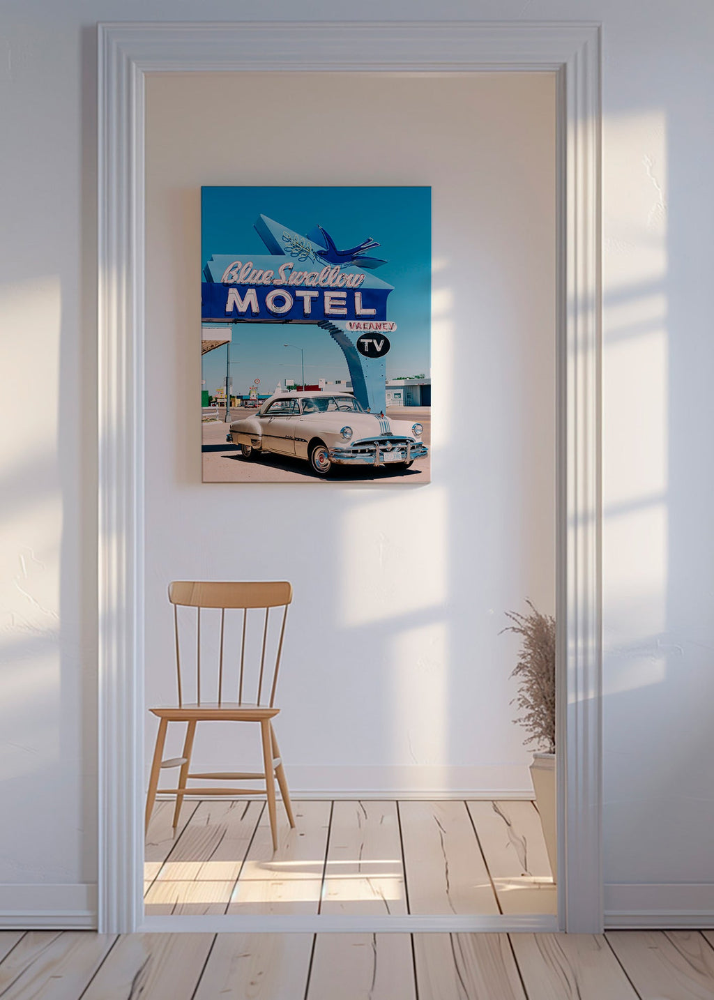 Cuadro vintage de motel y coche clásico – Canvas
