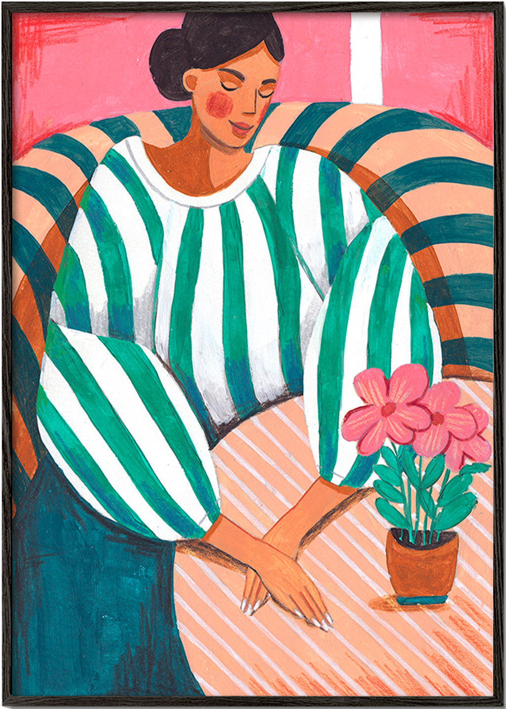 Ilustración de mujer en rayas con maceta – Black Frame