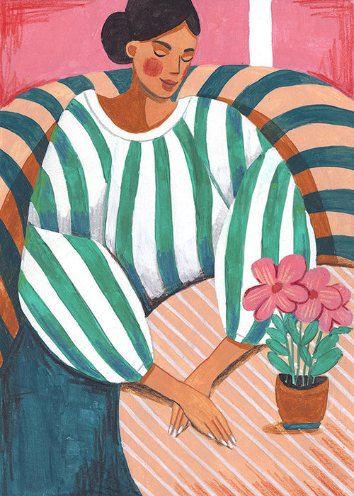 Ilustración de mujer en rayas con maceta