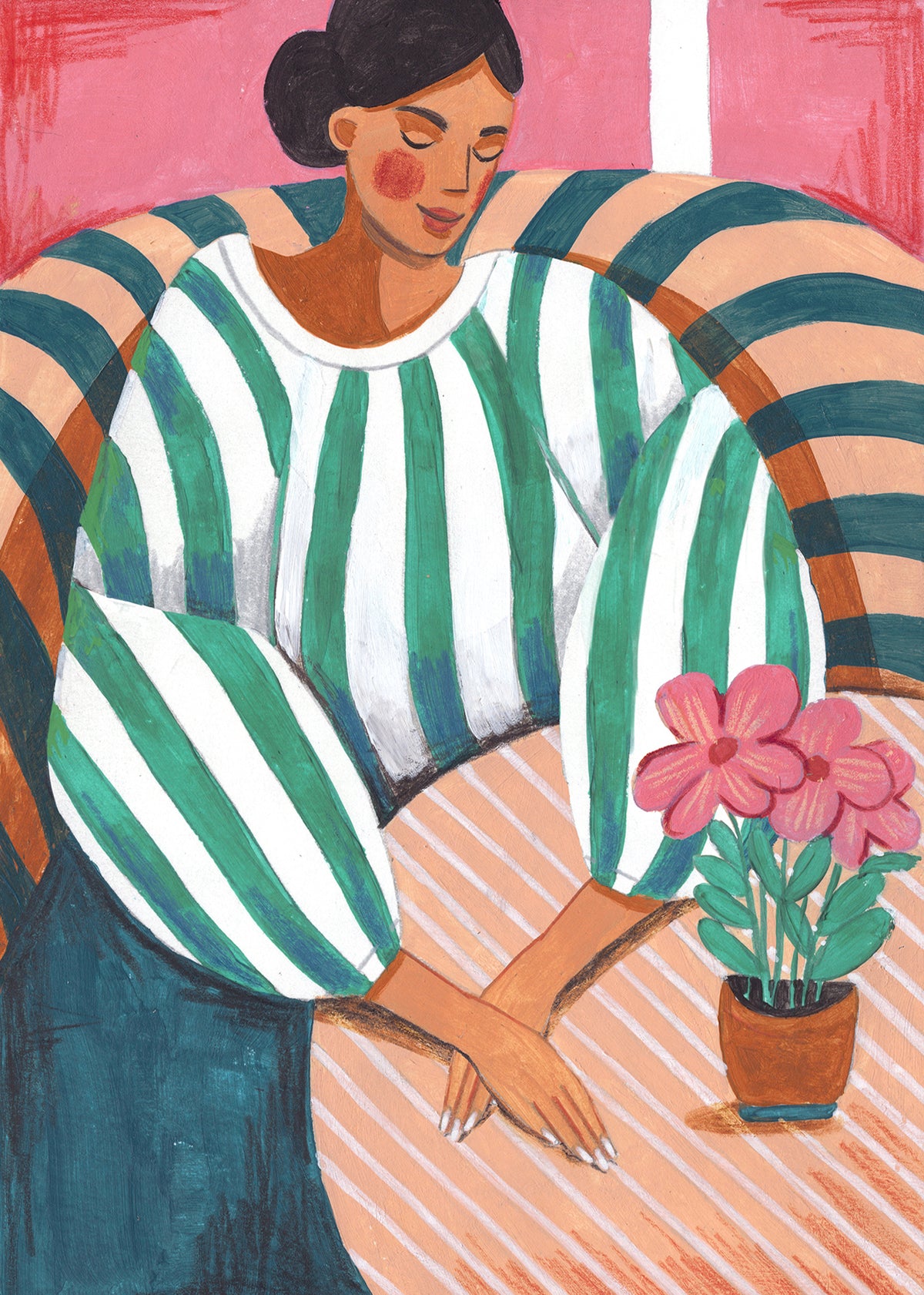 Woman in stripes in thought - Unframed art print