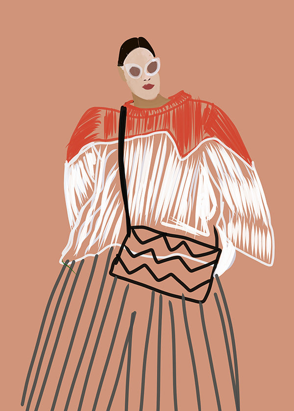 Ilustración de mujer con bolso coral