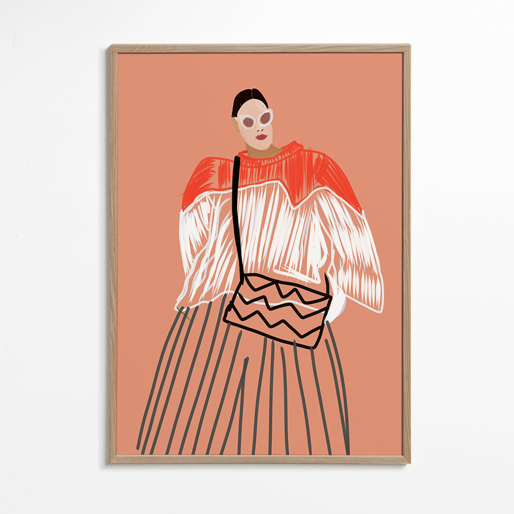 Ilustración de mujer con bolso coral – Oak Frame
