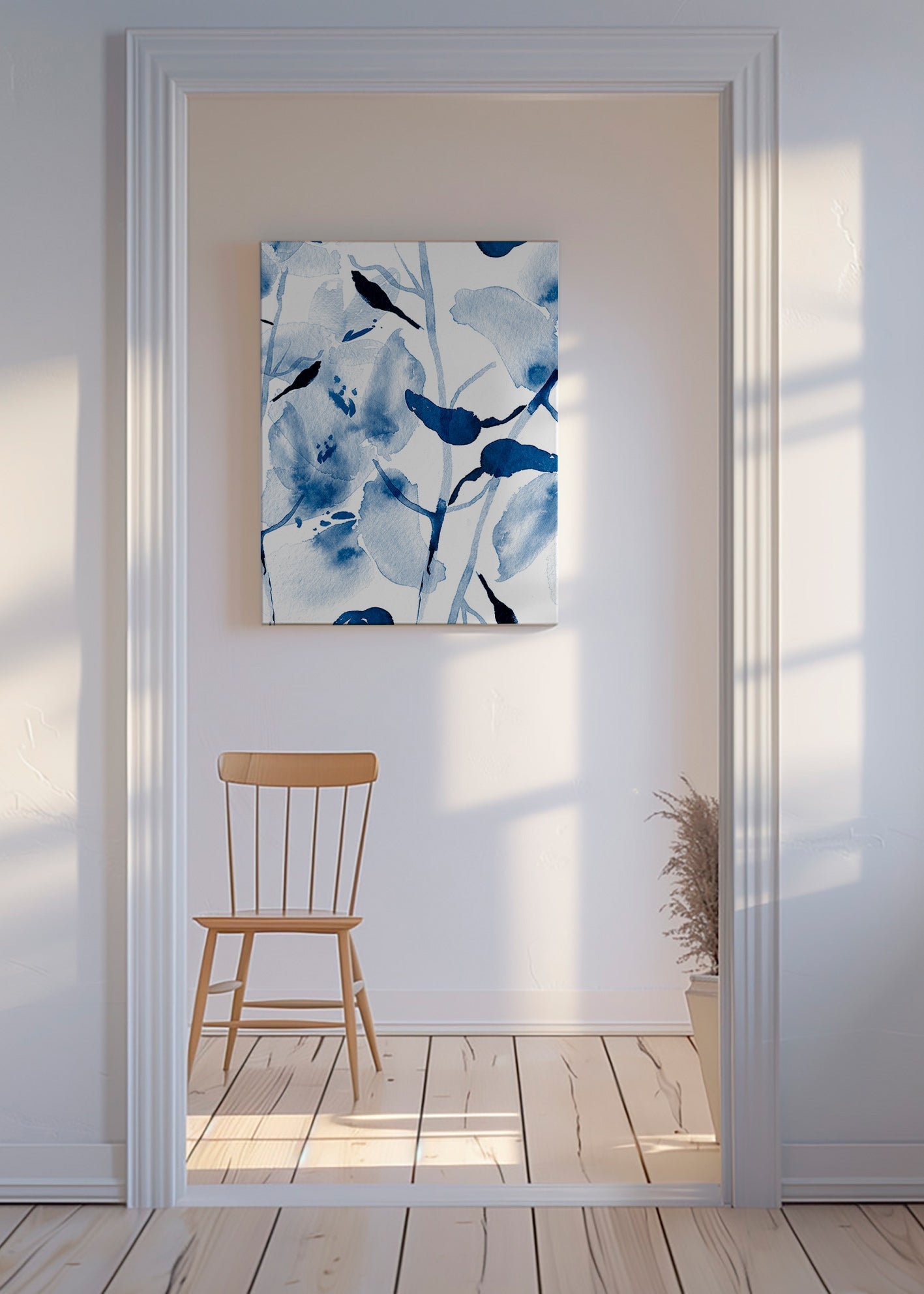 Lámina botánica en acuarela azul con aves – Canvas