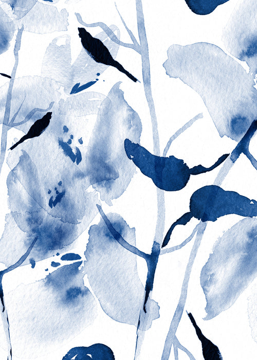 Brushstrokes And Silhouettes Of Birds On Branches - Unframed art print