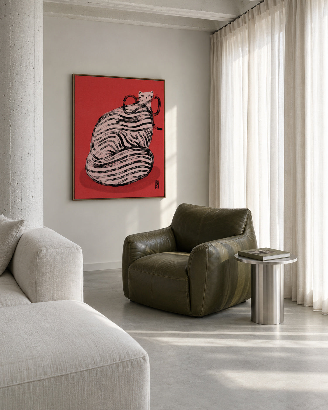 Black and White Stripe Cat Illustration Poster - Framed canvas in an interior