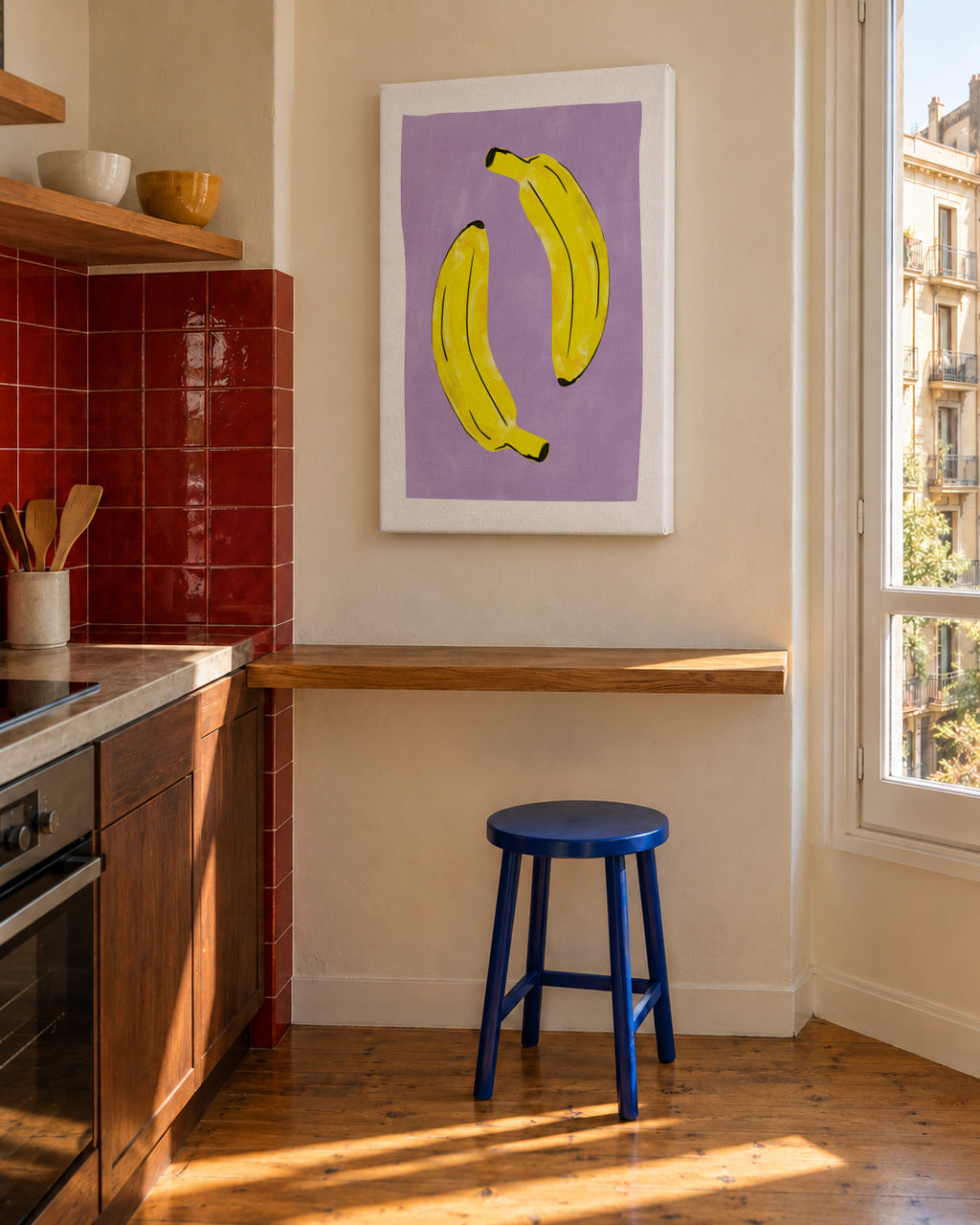 Two Vibrant Yellow Bananas - Unframed canvas in an interior
