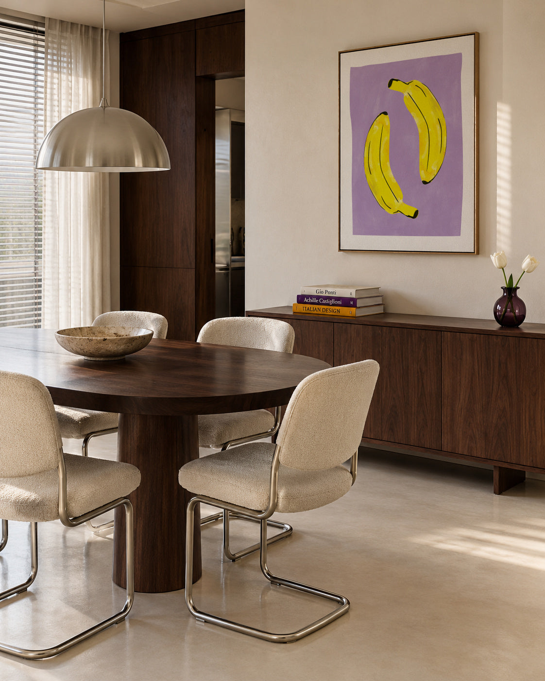 Two Vibrant Yellow Bananas - Framed canvas in an interior