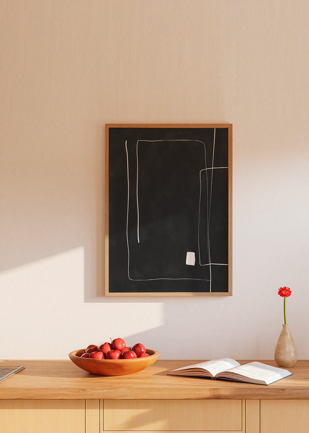 Cuadro minimalista de líneas blancas sobre fondo negro – Product2