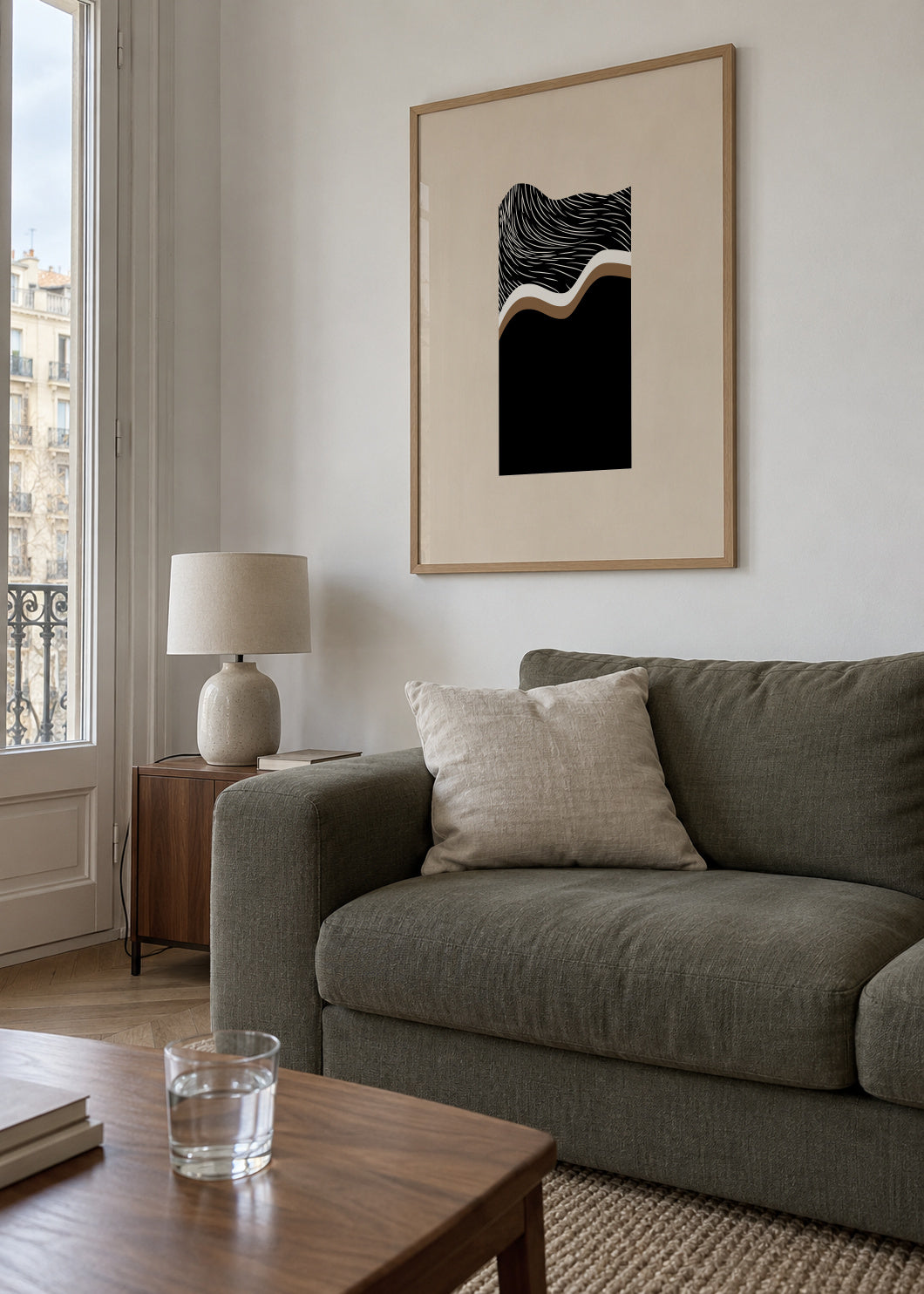 Monochrome Waves - Framed poster in an interior