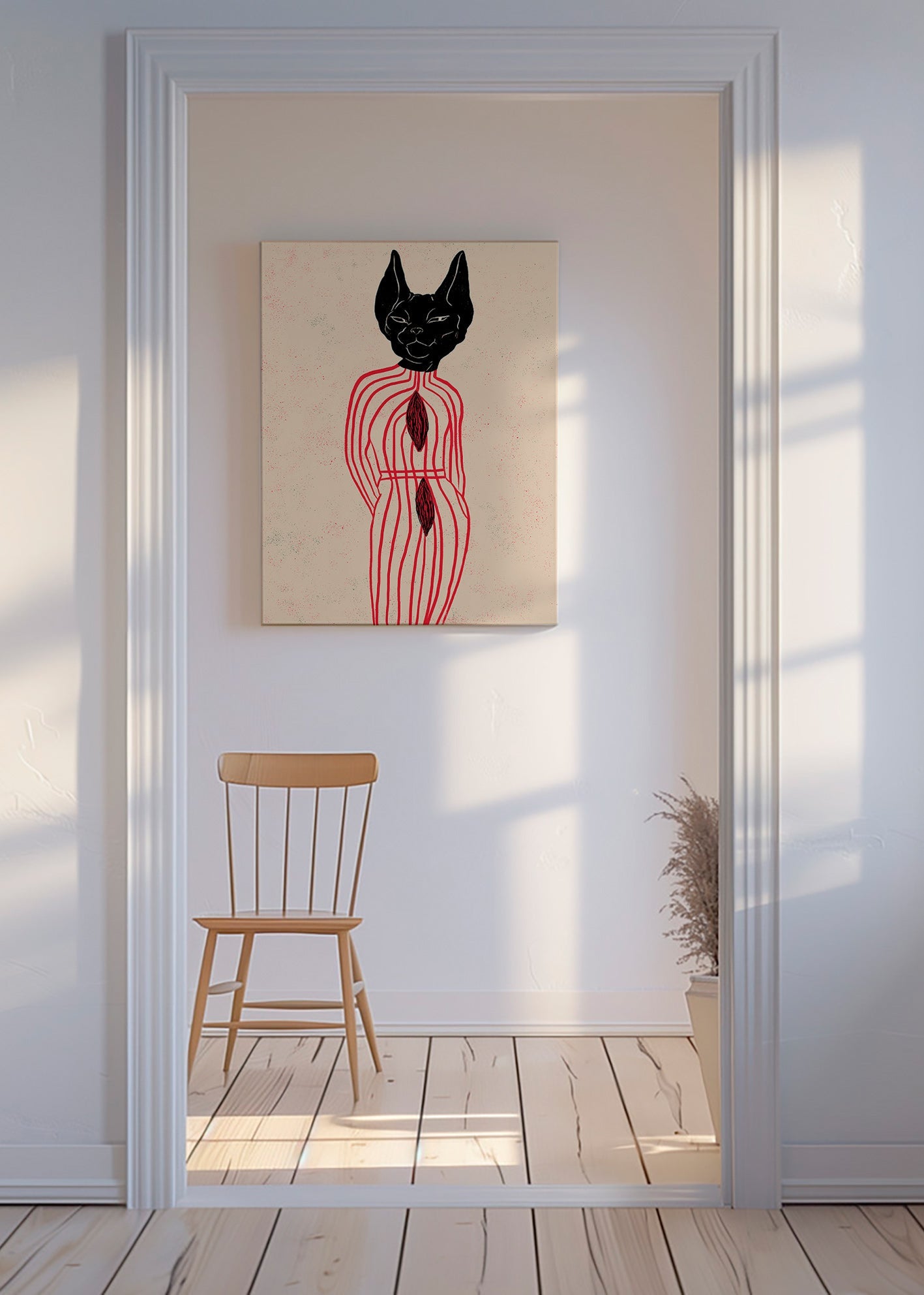 Cuadro gato estilizado con líneas rojas – Canvas