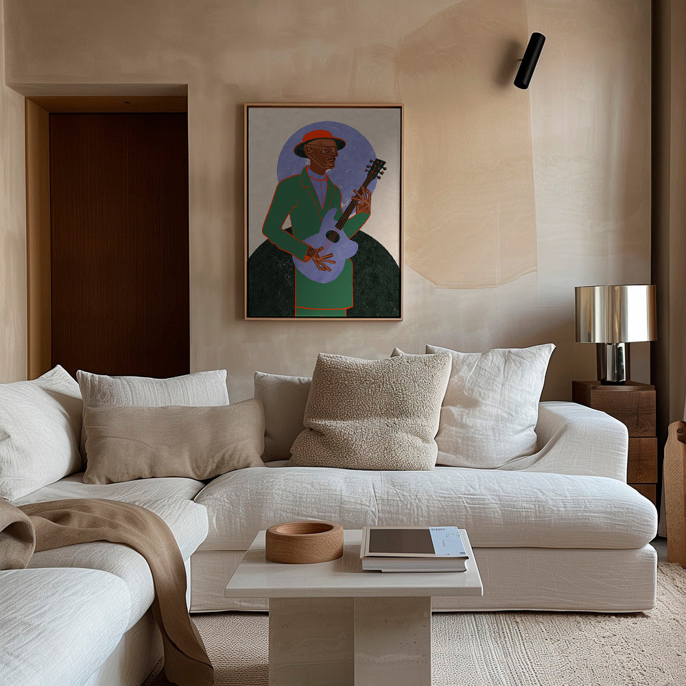 Ilustración músico con guitarra y halo geométrico – Canvas2