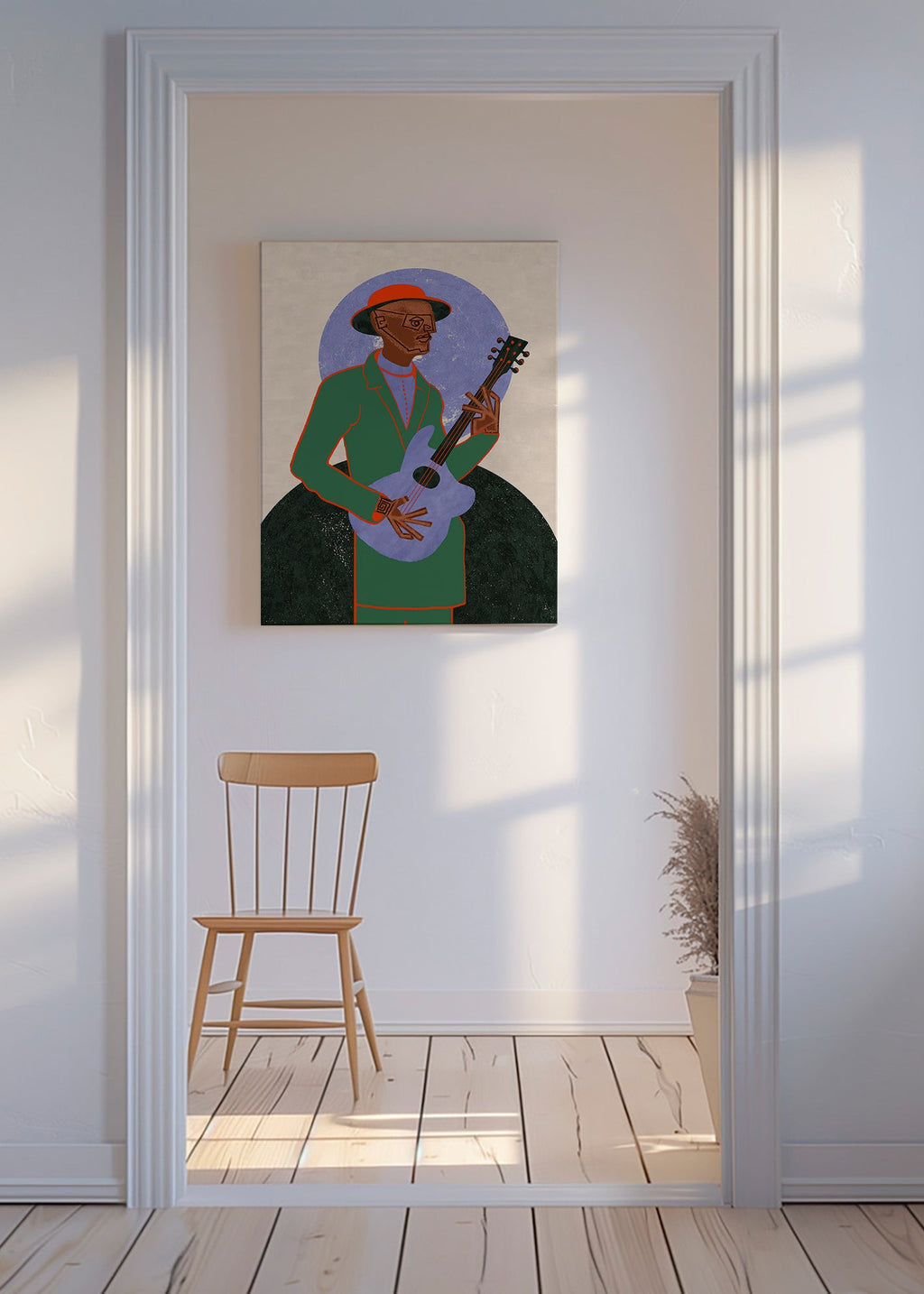 Ilustración músico con guitarra y halo geométrico – Canvas