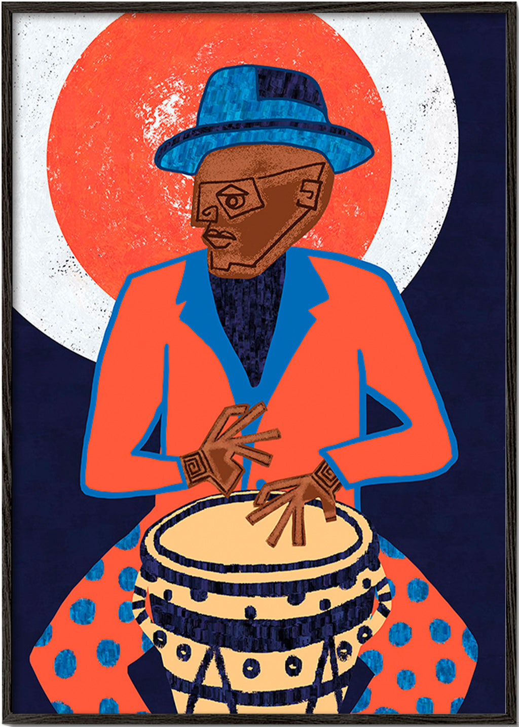 Ilustración músico con tambor en colores vivos – Black Frame