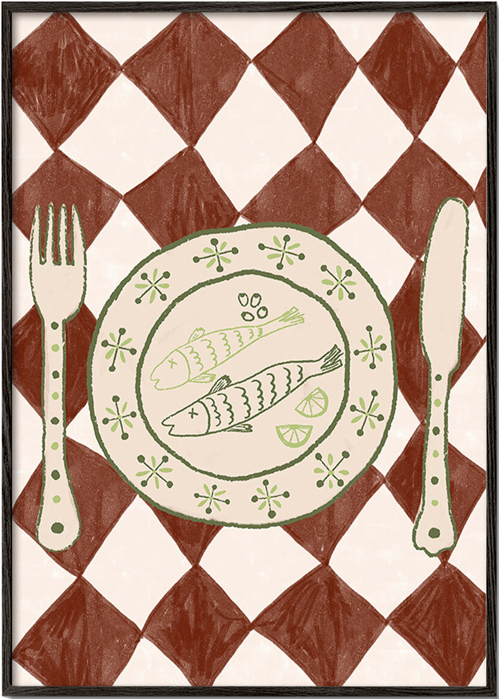 Cuadro de cocina con plato de pescado y mantel de rombos – Black Frame