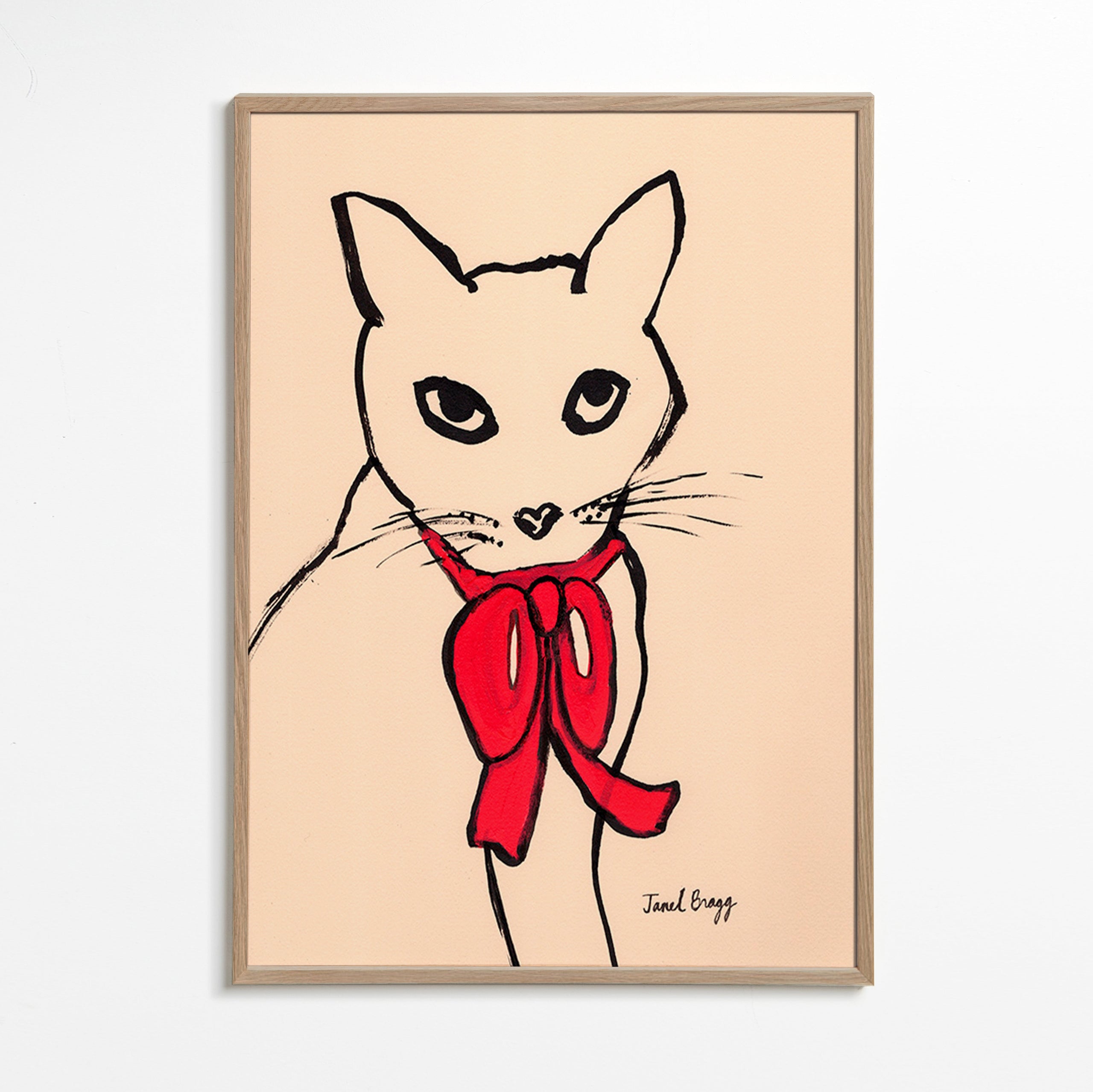 Cuadro gato con lazo rojo y trazo suelto – Oak Frame