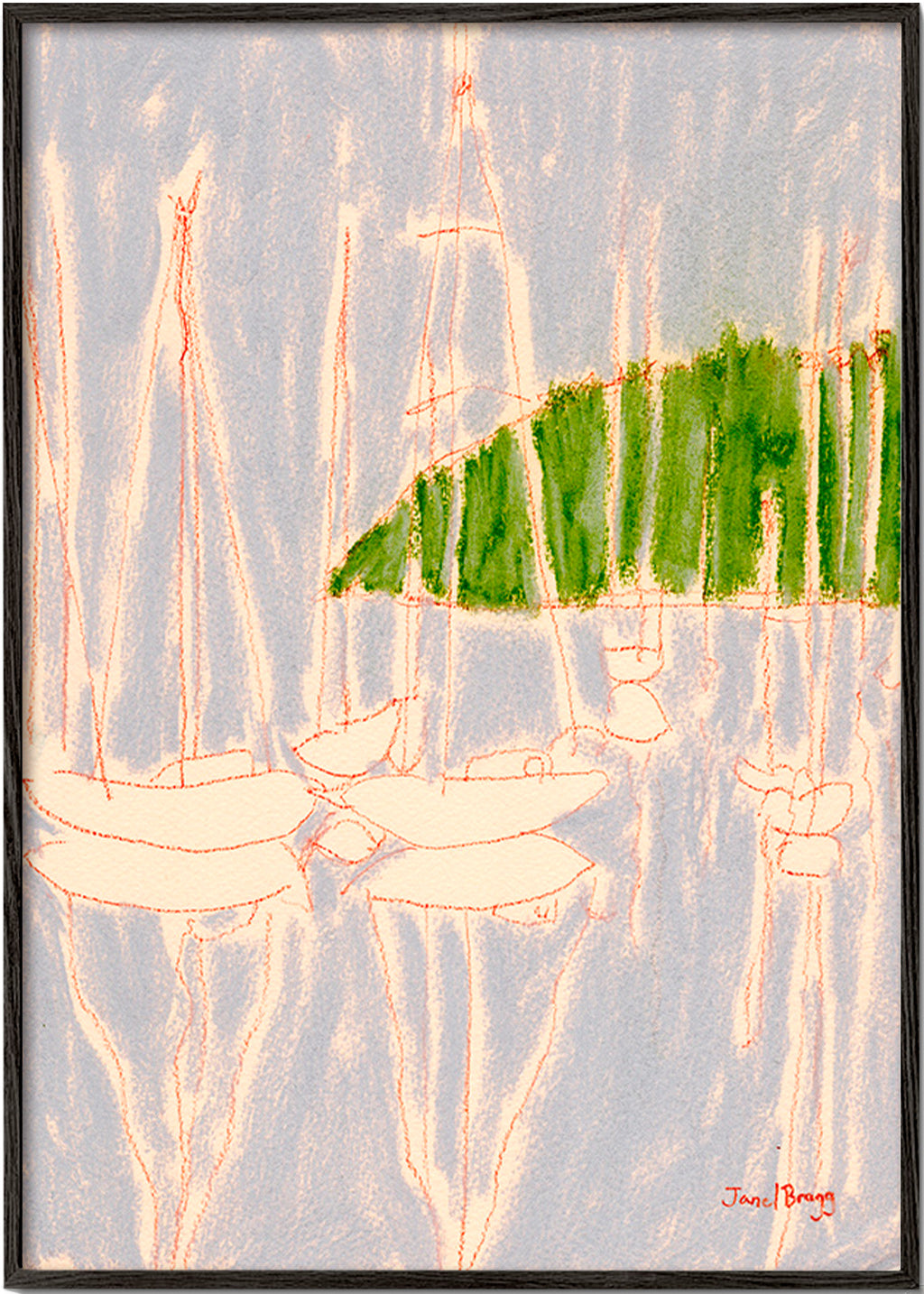 Cuadro de paisaje con veleros y colina verde – Black Frame