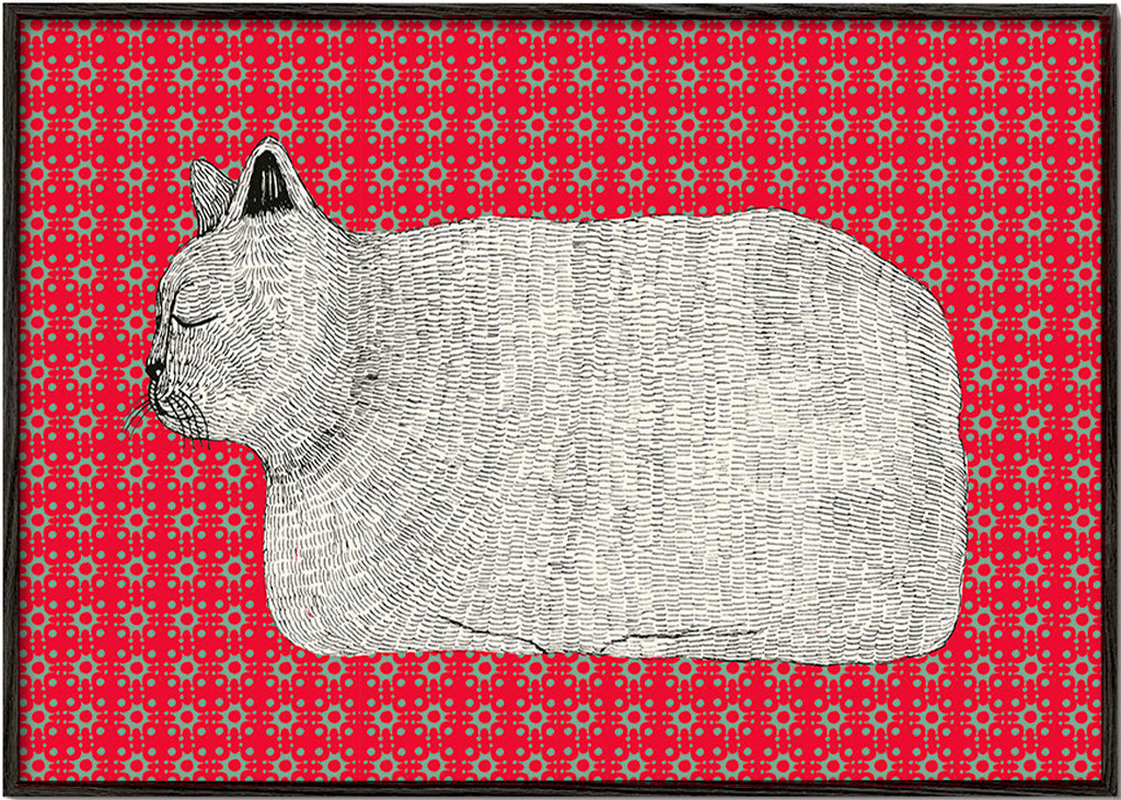 Cuadro gato en perfil sobre patrón rojo – Black Frame