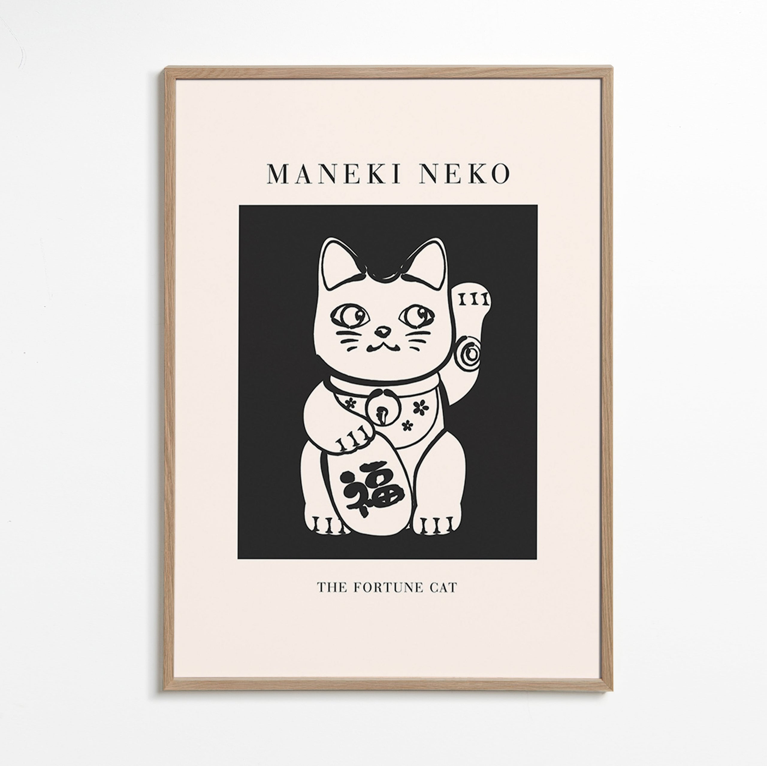 Ilustración Maneki Neko en blanco y negro – Oak Frame