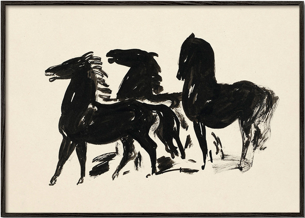 Cuadro tres caballos: dibujo en tinta gestual – Black Frame