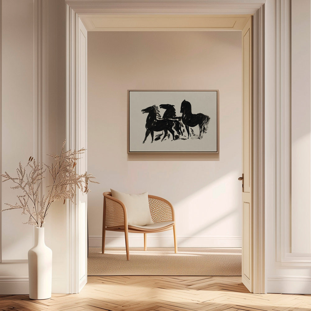 Cuadro tres caballos: dibujo en tinta gestual – Canvas1