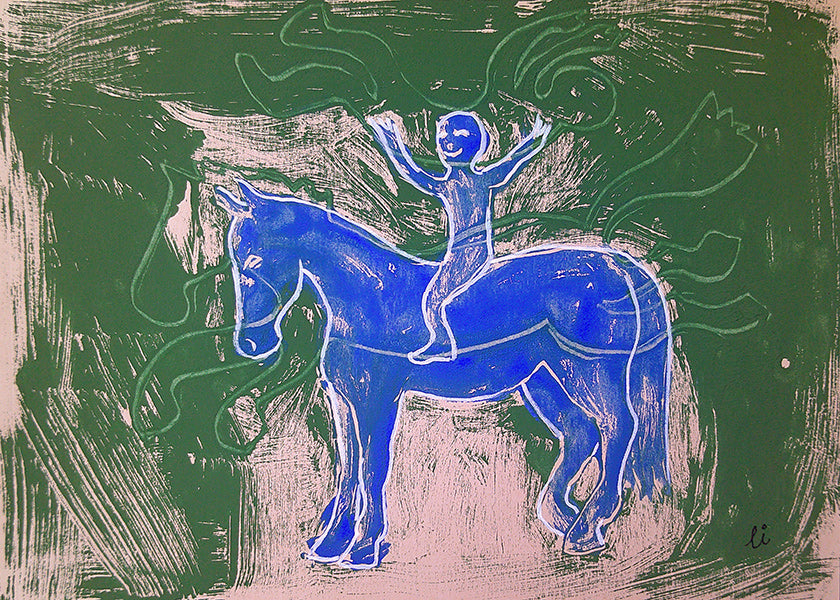 Cuadro caballo azul con jinete en fondo gestual