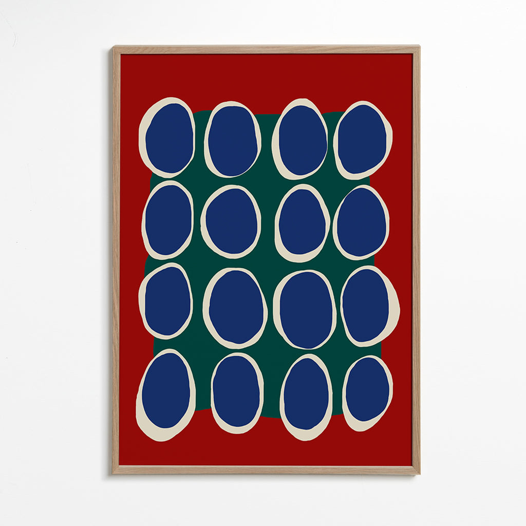 Cuadro geométrico con óvalos azules y bloque verde – Oak Frame