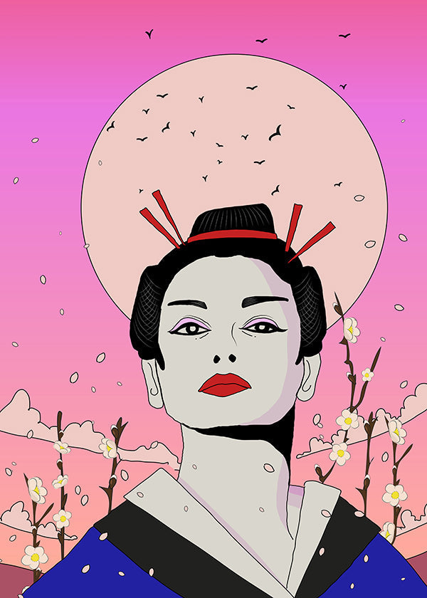 Ilustración de geisha japonesa sobre luna rosa