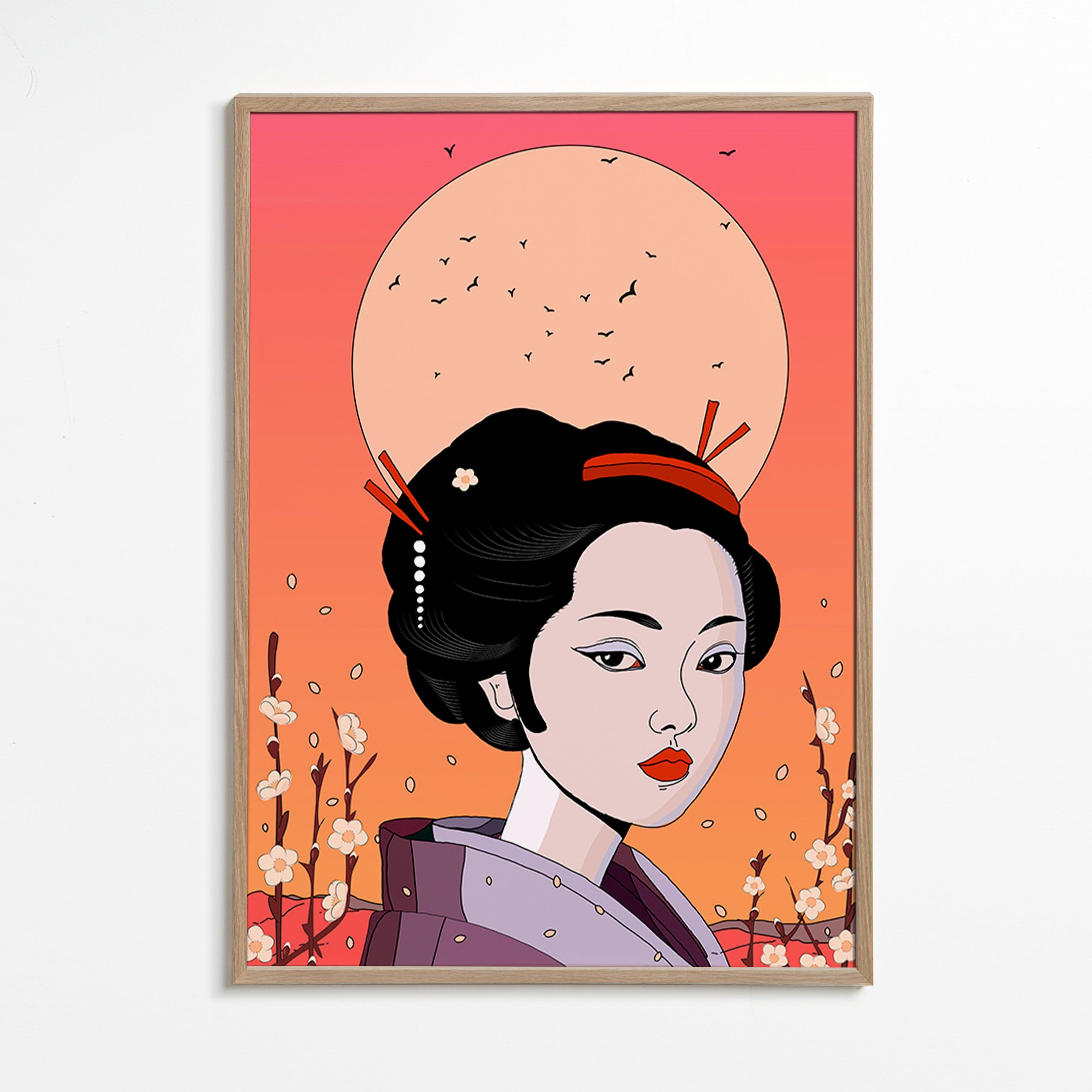 Ilustración geisha en atardecer coral – Oak Frame