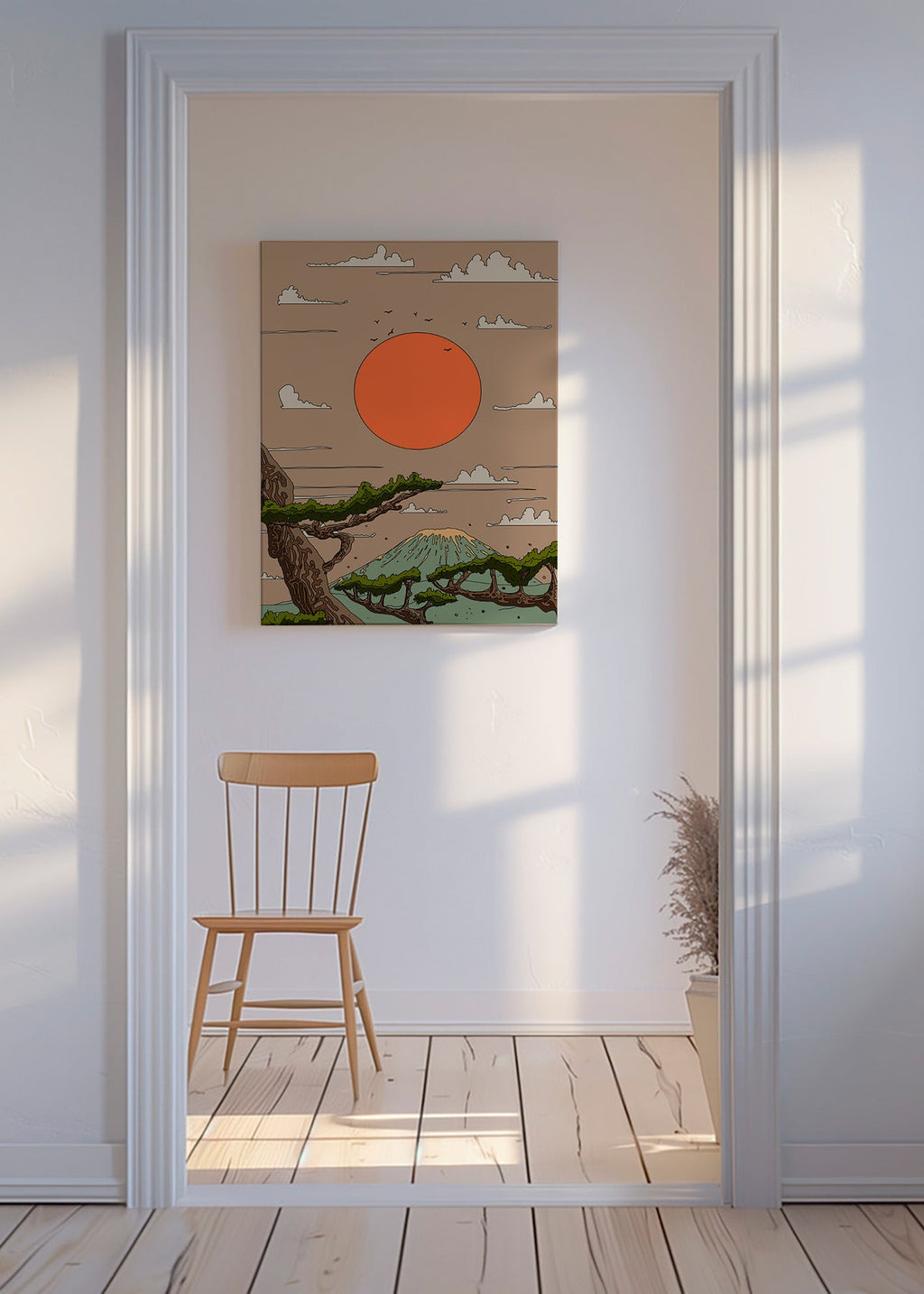 Cuadro de paisaje con sol naranja y pinos estilizados – Canvas