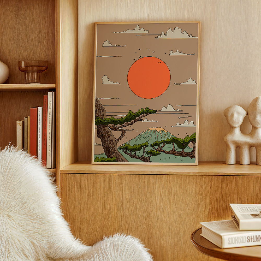 Cuadro de paisaje con sol naranja y pinos estilizados – Product3